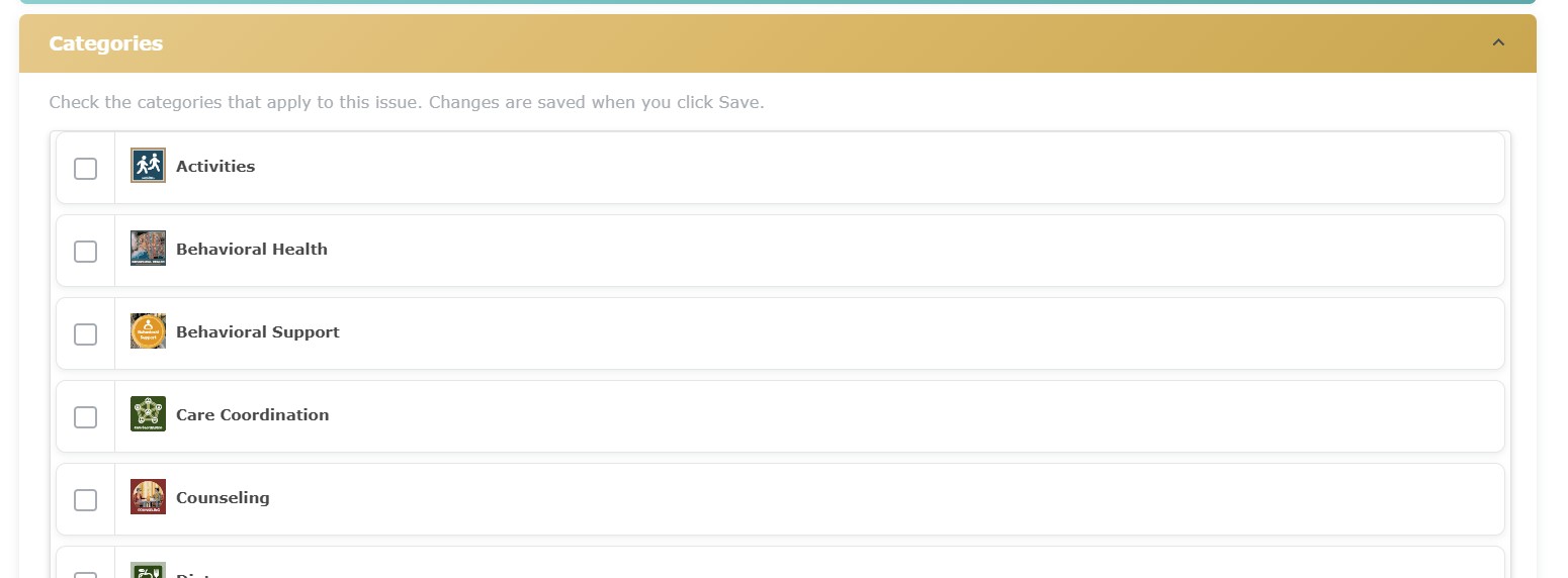 Care plan categories