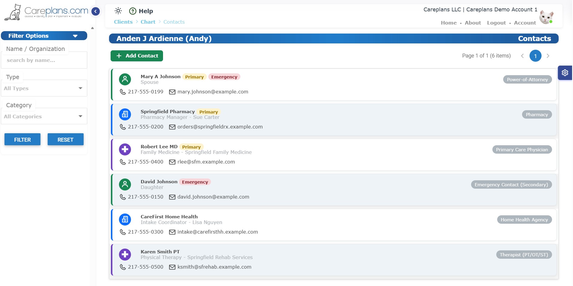 Contacts list screen