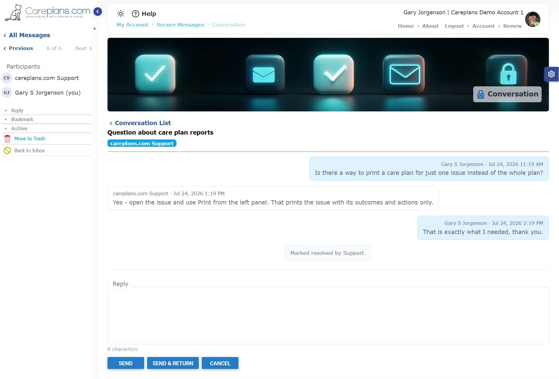 A conversation with careplans.com Support, marked resolved